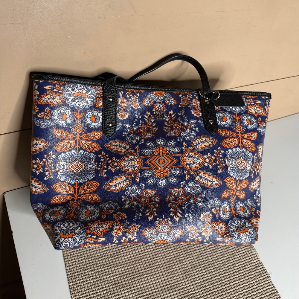 Coach Starlight Paisley Crossgrain Leather Zip Top Tote Bag F11823 Blue Orange